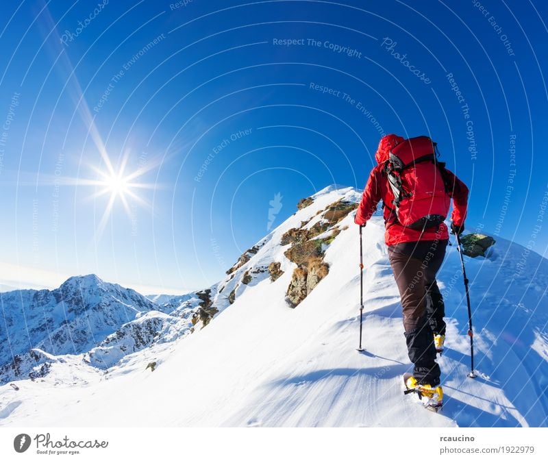 Climber at the top of a snowy peak in the Alps. Vacation & Travel Adventure Expedition Winter Snow Mountain Hiking Sports Climbing Mountaineering Success