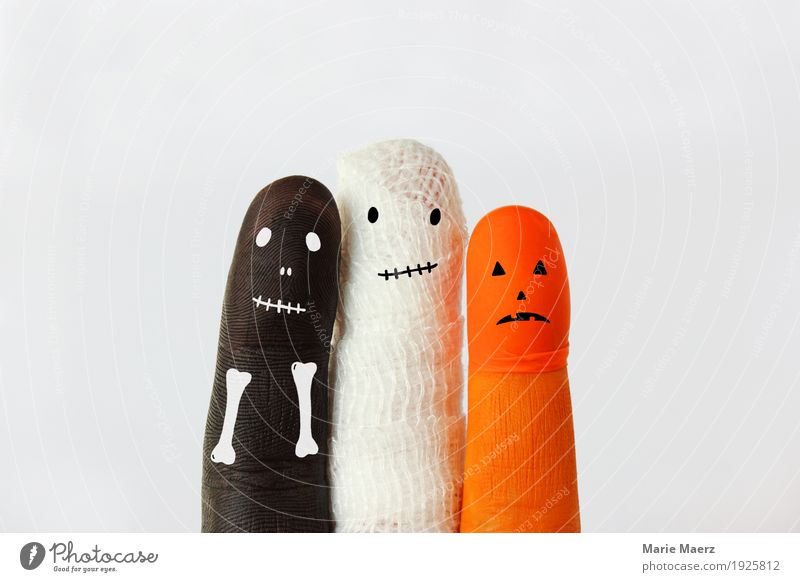 Three funny Halloween figures painted on fingers Joy Hallowe'en Human being Fingers 3 Laughter Happiness Creepy Fear Whimsical Scare Dress up Carnival costume