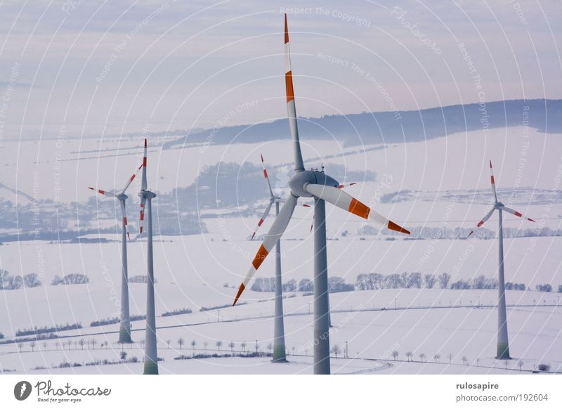 red white Energy industry Renewable energy Wind energy plant Landscape Clouds Winter Climate change Snow Field Hill Movement Rotate Elegant Large Tall Modern