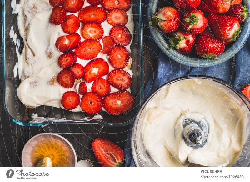 Bowls with sliced berries and cream Food Fruit Cake Dessert Nutrition Style Design Life Living or residing Table Kitchen strawberry Cream Cooking Summer
