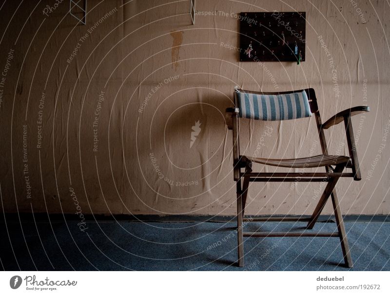 Folding chair with wallpaper and key board Chair Old "Carpet Blue Wooden chair Leave Colour photo Interior shot Copy Space left Morning Central perspective Day