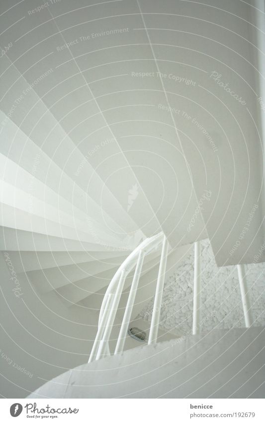 White ascent Architecture Stairs Go up Bright Handrail Banister Lighthouse Window Concrete Round Spiral Winding staircase Silhouette Empty Building