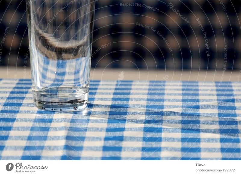 Empty glass on blue and white tablecloth in the beer garden Blue White Glass Beer glass Bavarian Beer garden Summer Thirst Thirsty Services Trip Destination