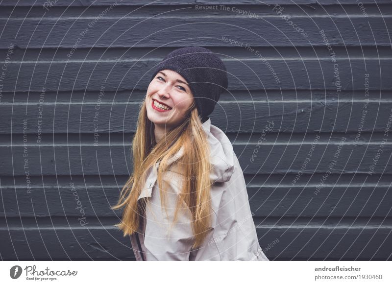 Young woman is happy Feminine Youth (Young adults) Life 1 Human being 18 - 30 years Adults Jacket Coat Cap Blonde Long-haired Movement Rotate Laughter Love