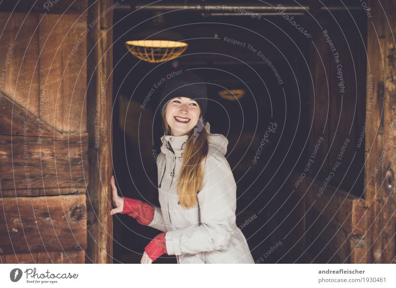 Young woman having fun on the farm Feminine Youth (Young adults) 1 Human being 18 - 30 years Adults Sweater Jacket Cap Brunette Blonde Long-haired Smiling