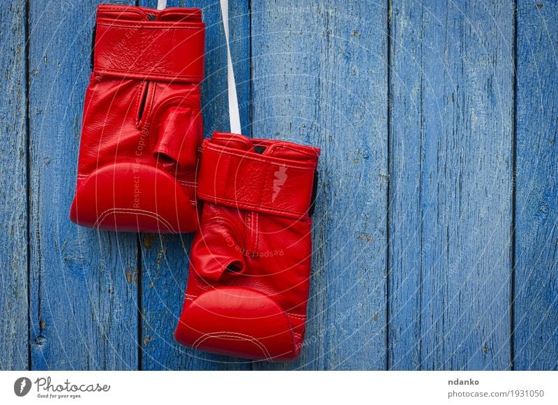 Red leather boxing gloves hanging on a rope Sports Success Loser Gloves Leather Ring Wood Old Dirty Retro Blue Might Competition Fiasco Object photography Kick