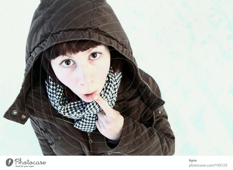 Öhm Joy Winter Snow Face Fingers 18 - 30 years Youth (Young adults) Adults Jacket Scarf hood Looking Exceptional Bright Funny Crazy Brown Anticipation Curiosity