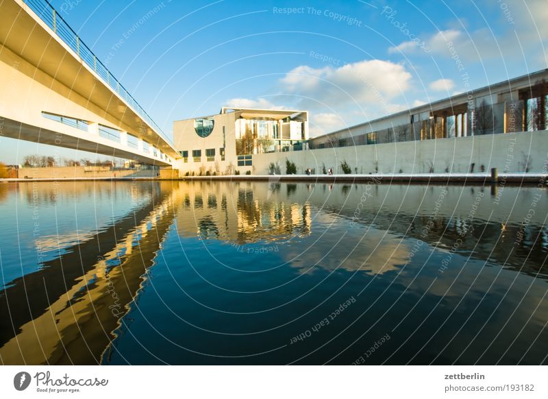 Federal Chancellery Berlin Capital city Government Seat of government Spreebogen Water Channel Surface of water Reflection Meditative Bridge Footbridge Concrete