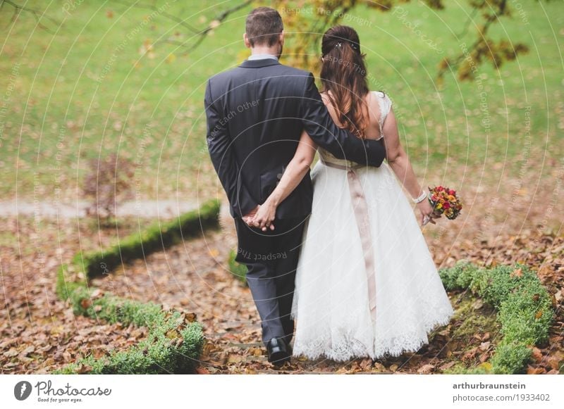 Young couple on their way in autumn Garden Wedding Human being Masculine Feminine Young woman Youth (Young adults) Young man Couple Partner Adults Life 2