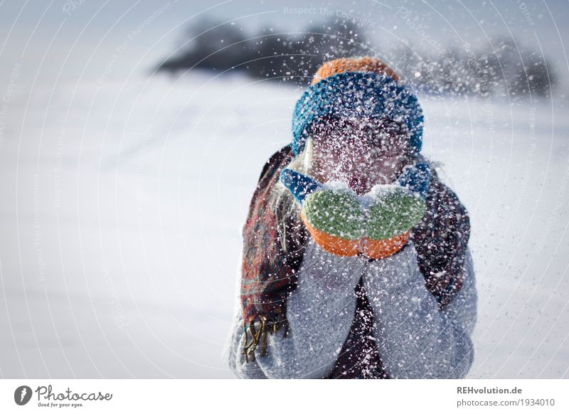 Jule's blowing snow Human being Feminine Young woman Youth (Young adults) Woman Adults 1 18 - 30 years Environment Nature Winter Weather Beautiful weather Snow