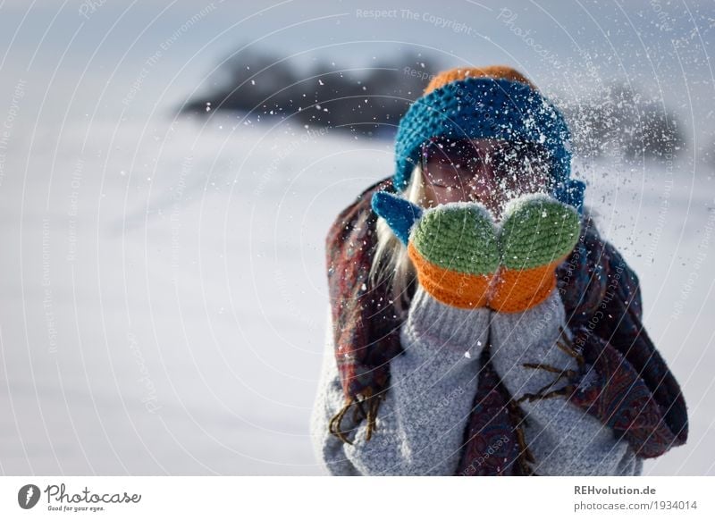 Woman blowing snow in winter Human being Feminine Young woman Youth (Young adults) 1 18 - 30 years Adults Environment Nature Landscape Winter Beautiful weather