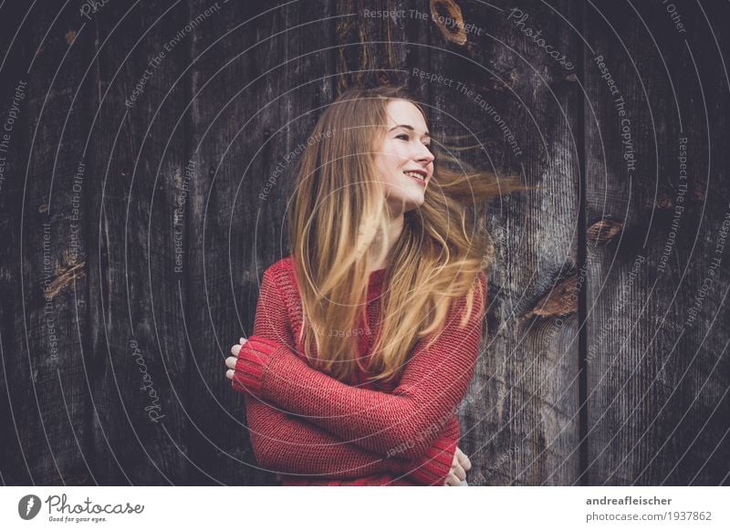 windswept Feminine Young woman Youth (Young adults) 1 Human being 18 - 30 years Adults Sweater Blonde Long-haired Movement Rotate Smiling Looking Dream Embrace