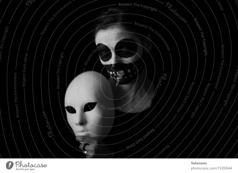 Secure your mask before you help others Hallowe'en Human being Feminine Woman Adults 1 Mask Creepy Black White Emotions Moody Sadness Perturbed Timidity