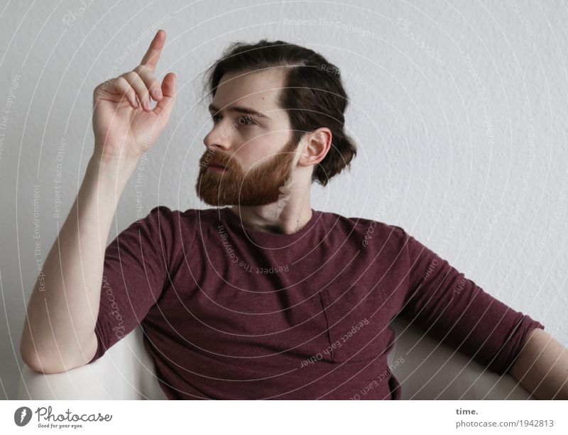 . Armchair Room Masculine Man Adults 1 Human being Shirt Brunette Long-haired Braids Beard Observe Looking Sit Self-confident Willpower Safety Watchfulness