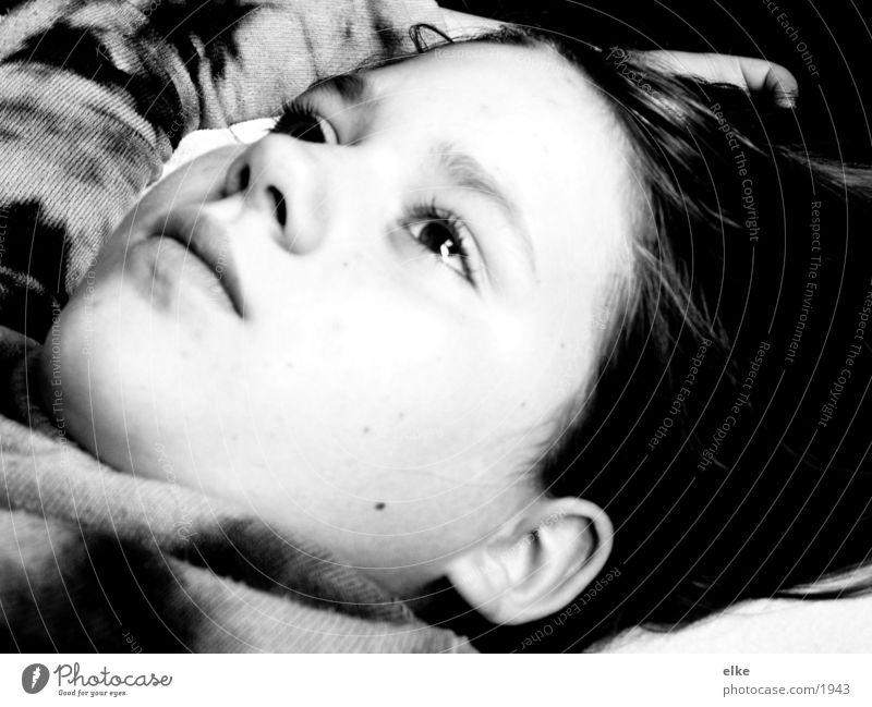 thinking about? Dream Thought Think Lie Meditative Dreamily Looking away Black & white photo Upward Face of a child Girl