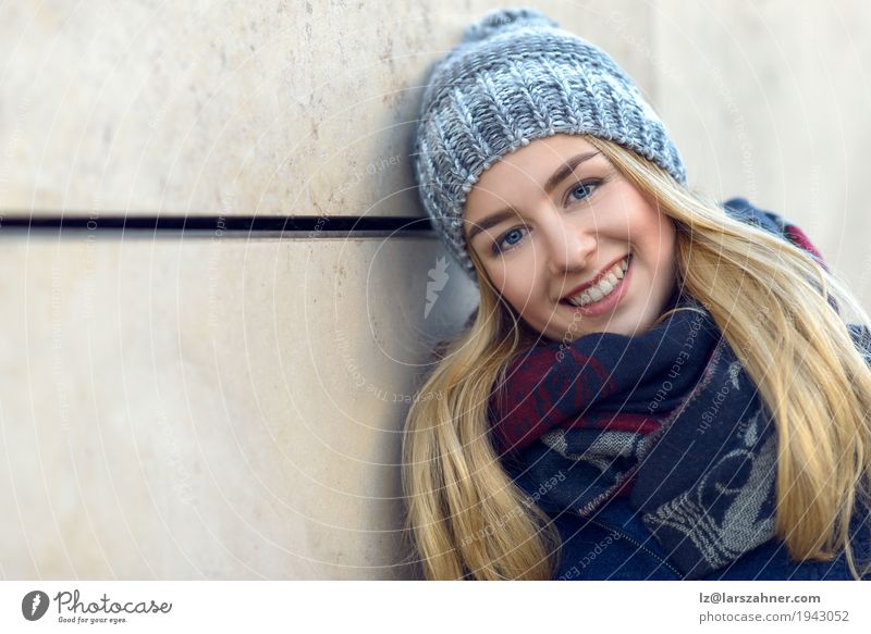 Pretty young woman smiling at the camera Happy Beautiful Face Winter Woman Adults 1 Human being 18 - 30 years Youth (Young adults) Autumn Scarf Hat Blonde