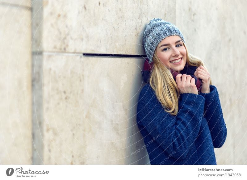 Pretty young woman smiling at the camera Happy Beautiful Face Winter Woman Adults 1 Human being 18 - 30 years Youth (Young adults) Autumn Scarf Hat Blonde