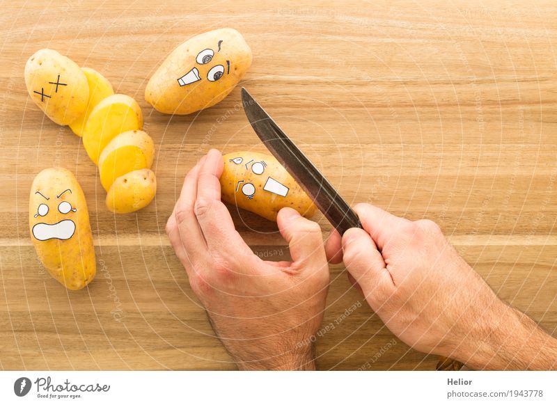 Potatoes in panic fear Vegetable Hand Knives Chopping board Wood Steel Creepy Delicious Funny Brown Black White Emotions Pain Fear Horror Fear of death