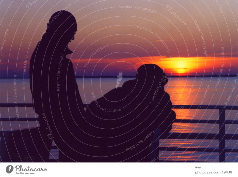 Objective romance Friendship Sunset Cold Reflection Red Dusk Ocean Lake Couple Looking Evening Water Bridge In pairs