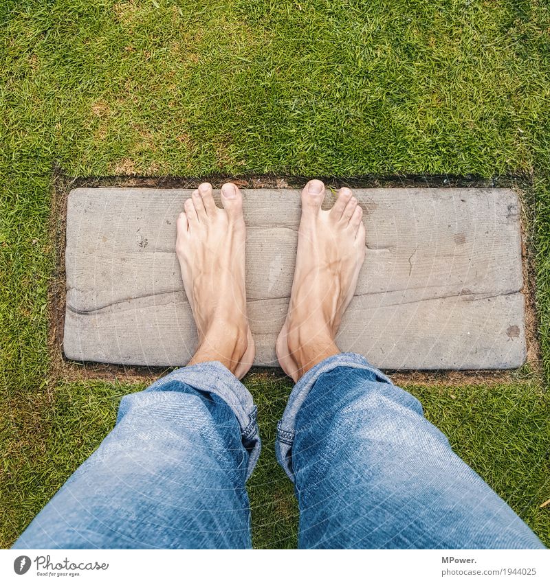 barefoot Human being Masculine Man Adults Feet Stand Jeans Airplane takeoff Summer Grass Stone Lanes & trails Beginning Bird's-eye view Colour photo