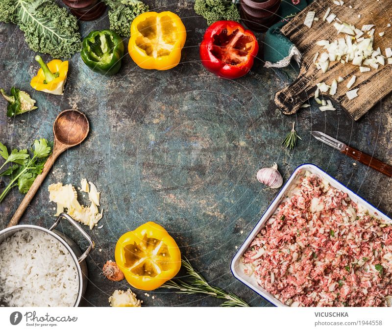 Paprika and minced meat with rice Food Meat Vegetable Herbs and spices Cooking oil Nutrition Lunch Dinner Organic produce Crockery Bowl Pot Pan Spoon Style