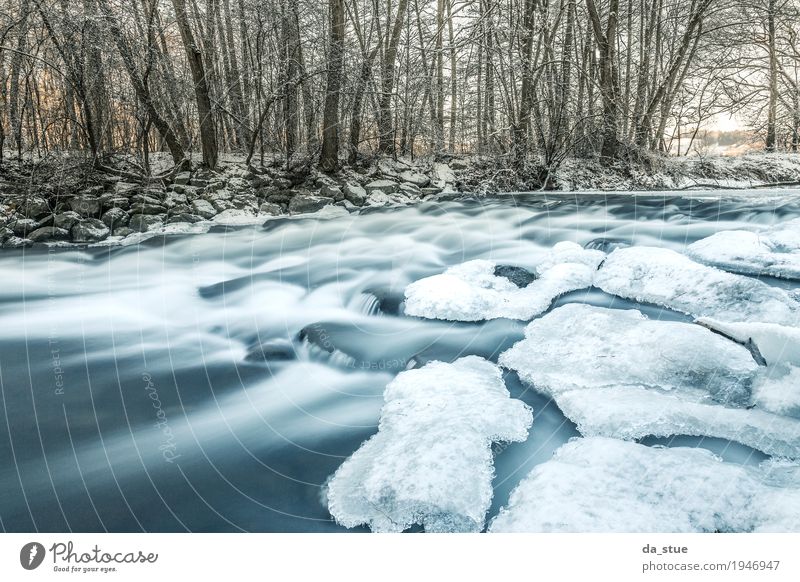 Blue Water Environment Nature Landscape Winter Ice Frost Snow Snowfall Tree Bushes Wild plant Forest River bank Brook Waterfall Discover Fluid Wet Brown