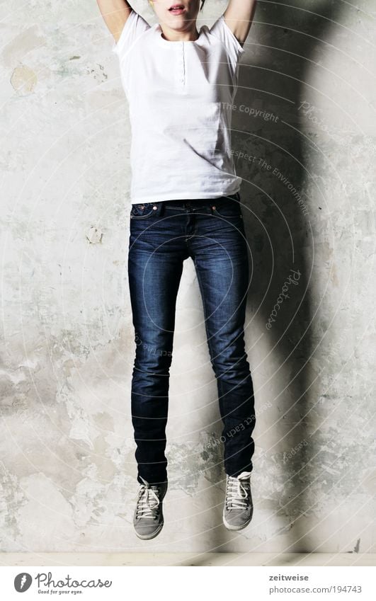 spring Human being Feminine Young woman Youth (Young adults) 1 18 - 30 years Adults T-shirt Jeans Sneakers Jump Thin Blue Gray White Brave Plaster Drop shadow