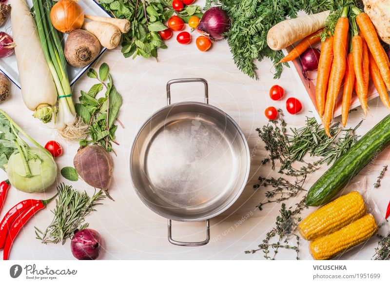 Empty saucepan and organic vegetables selection Food Vegetable Soup Stew Nutrition Lunch Dinner Organic produce Vegetarian diet Diet Crockery Pot Style Design