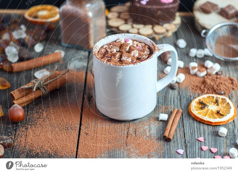 Cup with marshmallow sprinkled with cocoa powder Food Fruit Dessert Beverage Hot Chocolate Mug Table Christmas & Advent Sieve Wood Eating Drinking Delicious
