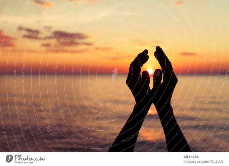 silhouette of female hands during sunset Lifestyle Harmonious Freedom Summer Sun Beach Human being Hand Fingers Nature Sky Love Happiness Bright Serene Hope
