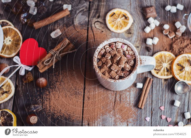 drink cocoa with marshmallows Fruit Dessert Candy Herbs and spices Beverage Hot drink Hot Chocolate Cup Table Sieve Wood Heart Eating To enjoy Delicious Natural