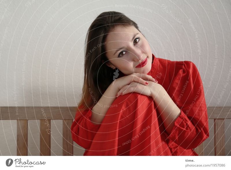 . Bench Feminine Woman Adults 1 Human being Dress Brunette Long-haired Observe To hold on Looking Sit Wait Friendliness Beautiful Red Contentment