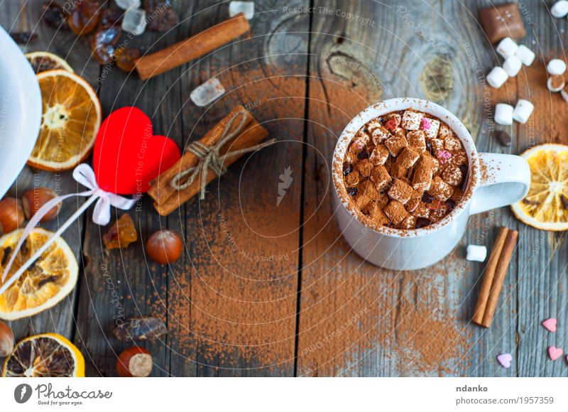 white cup with a drink on the wooden surface Fruit Dessert Candy Chocolate Herbs and spices Beverage Hot drink Hot Chocolate Cup Mug Table Sieve Wood Heart