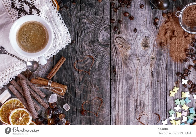 Grey wooden background with black coffee Food Fruit Dessert Candy Breakfast To have a coffee Beverage Hot drink Hot Chocolate Coffee Espresso Mug Spoon