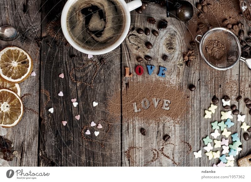 Coffee and an inscription love the gray wooden surface Fruit Dessert Drinking Hot drink Hot Chocolate Espresso Cup Mug Feasts & Celebrations Wood Heart Old