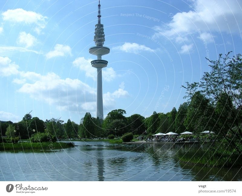 Oasis of peace Lake Clouds Flower Terrace Calm Park Hamburg Plant Television tower Hamburg TV tower