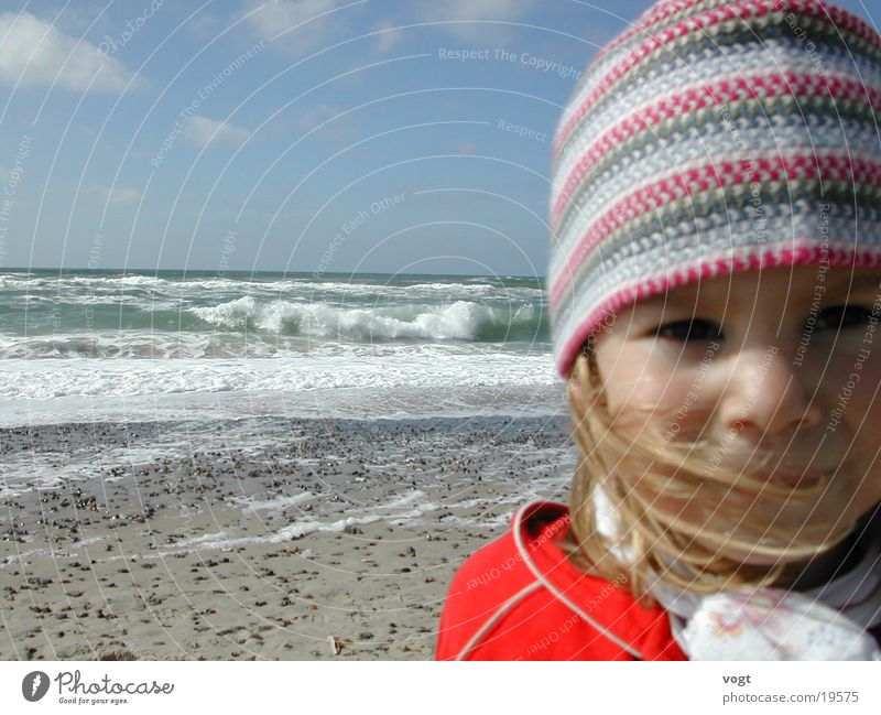soulmates Beach Ocean Child Portrait photograph Waves Cap Clouds Sand Happy Face Close-up Wind Hair and hairstyles Eyes Denmark