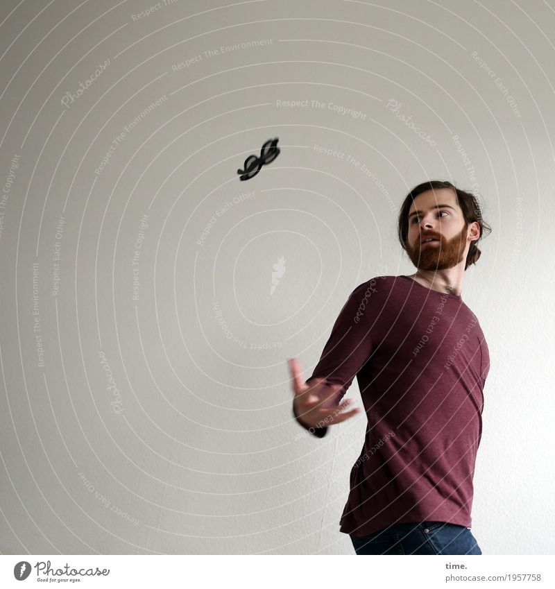 . Masculine Man Adults 1 Human being Artist Acrobatics Juggle Shirt Jeans Eyeglasses Brunette Long-haired Beard Observe Movement Rotate Flying Looking Passion