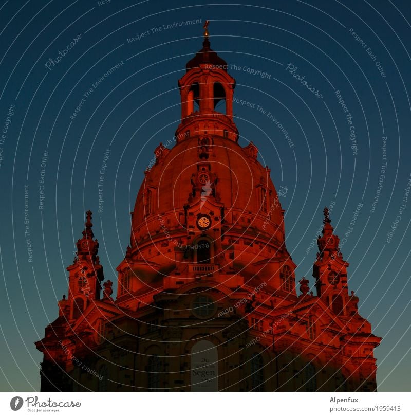 alpenglow Dresden Town Downtown Church Domed roof Tourist Attraction Landmark Monument Frauenkirche Glittering Large Red Goodness Help Belief Humble Esthetic