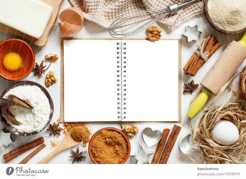 Blank cooking book, ingredients and utensils for baking - a Royalty Free  Stock Photo from Photocase