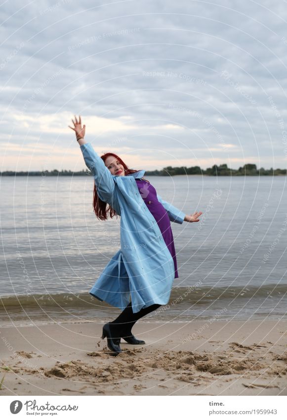 . Feminine Woman Adults 1 Human being Actor Dancer Sky Autumn Coast River bank Beach Dress Coat Footwear Red-haired Long-haired Laughter Looking Friendliness