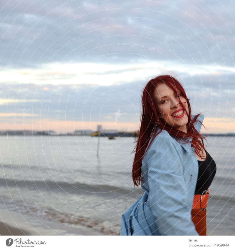 anastasia Feminine Woman Adults 1 Human being Sky Clouds Horizon Waves Coast River bank T-shirt Skirt Coat Red-haired Long-haired Observe Movement Rotate