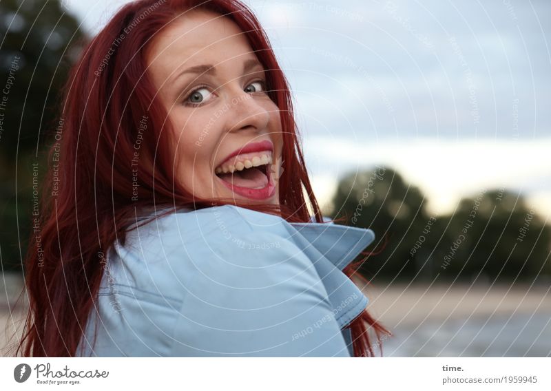 . Feminine Woman Adults 1 Human being Beautiful weather Forest Coast River bank Beach Coat Red-haired Long-haired Discover Laughter Looking Joy Happiness