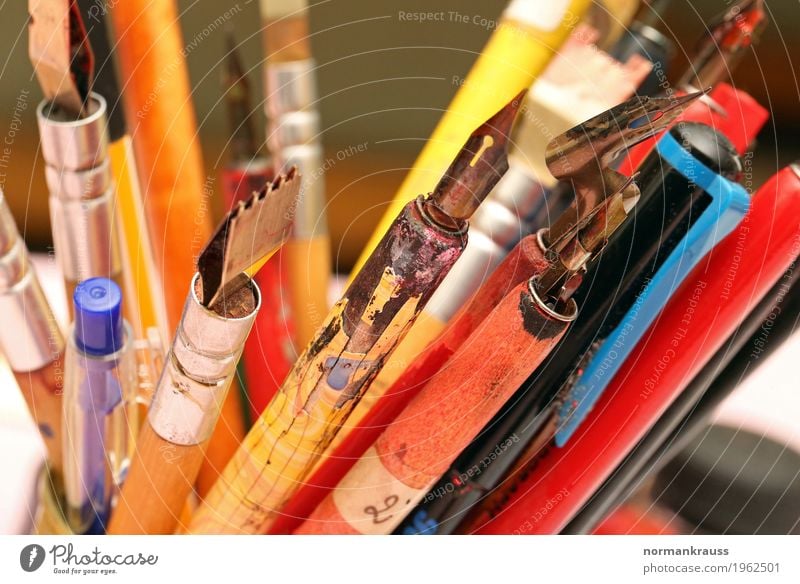 Pen nibs and pens Stationery Wood Metal Plastic Thin Historic Near Retro Multicoloured Quill Colour photo Interior shot Close-up Detail Deserted Copy Space left
