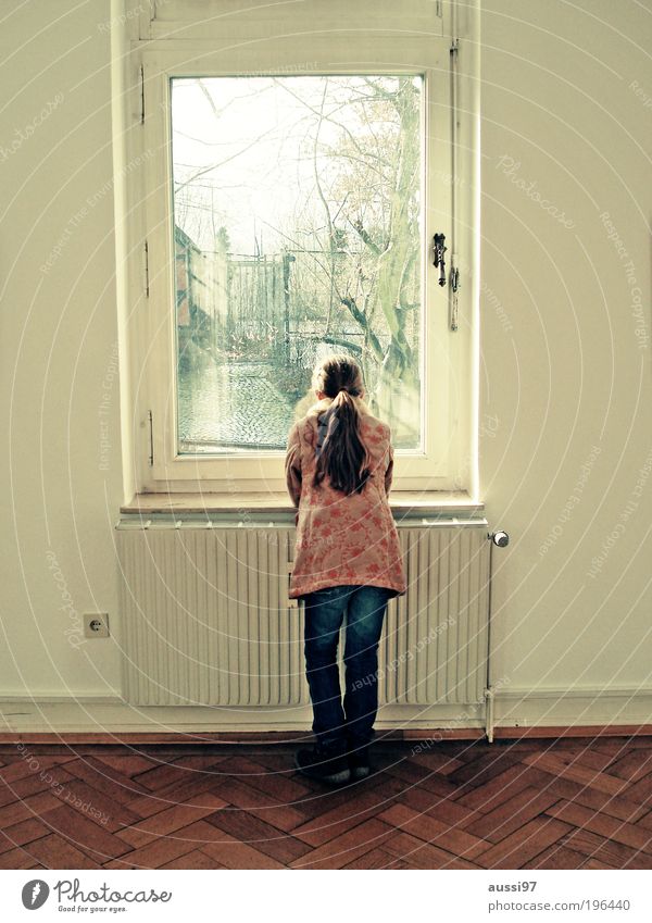 Let's go and watch the sunset Sunrise Sunset Observe Child Girl Dreamily Room Vantage point Window Portrait format Heater Heating Parquet floor Living room
