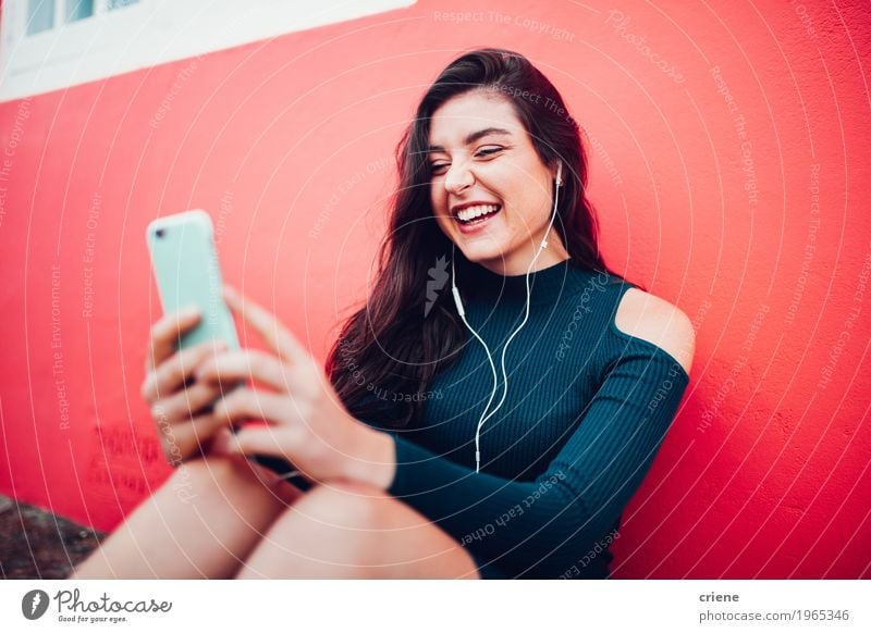 Happy caucasian women listening to music on smart phone Lifestyle Joy Music Telephone Cellphone MP3 player PDA Technology Entertainment electronics Human being