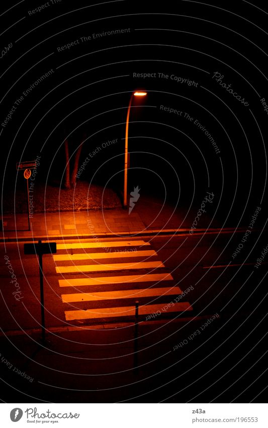 nightmare Deserted Street Zebra crossing Sidewalk Street lighting Concrete Road sign Dark Creepy Town Fear Dangerous Mistrust Colour photo Exterior shot Night