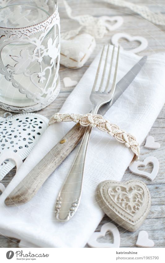 Valentine day rustic table setting on a wooden table Lunch Cutlery Fork Decoration Table Feasts & Celebrations Valentine's Day Wedding Wood Heart Love White