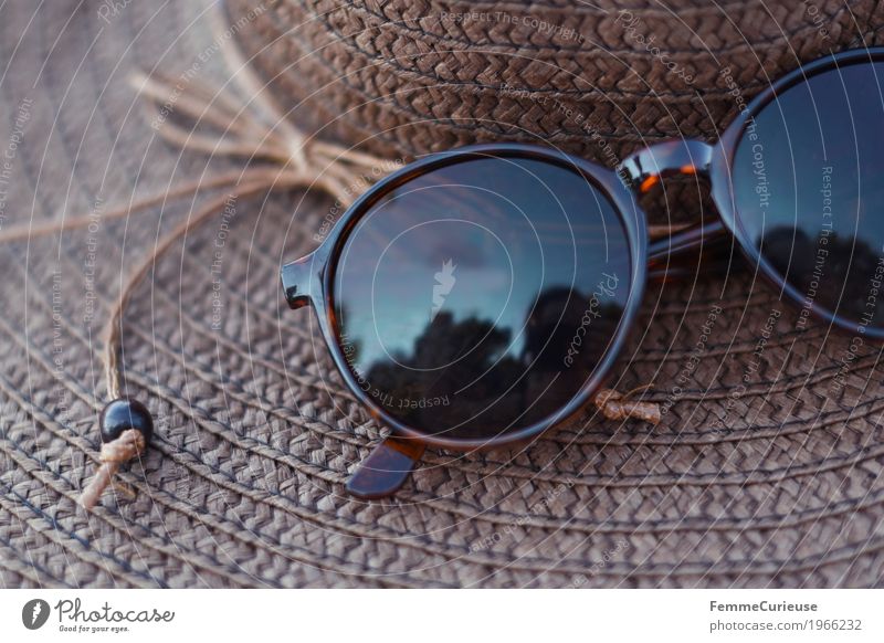 Summer time! Beautiful weather Joie de vivre (Vitality) Ease Vacation & Travel Straw hat Sunglasses Brown Reflection Sunhat Still Life String Pearl Summery