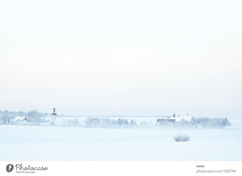 Church in the village Environment Nature Landscape Elements Sky Cloudless sky Horizon Winter Climate Beautiful weather Fog Ice Frost Snow Village